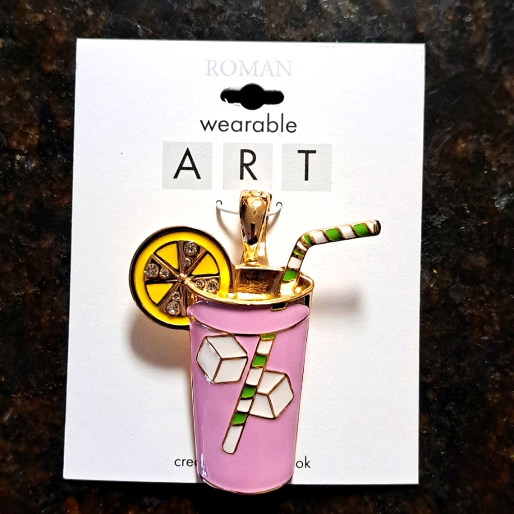 ROMAN Wearable Art Necklace Pendant Pink Lemonade Green Straw NEW!  JB